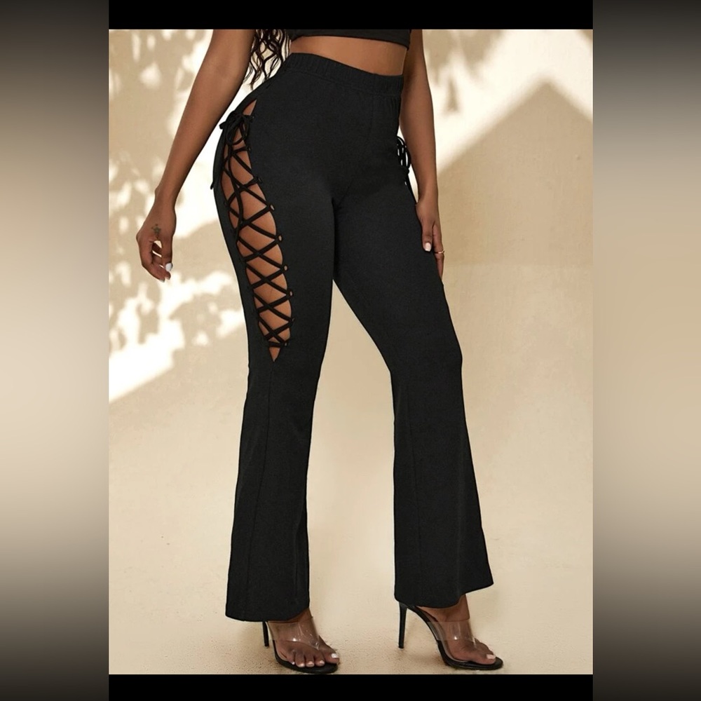 Side tie up bell bottom black soft pants